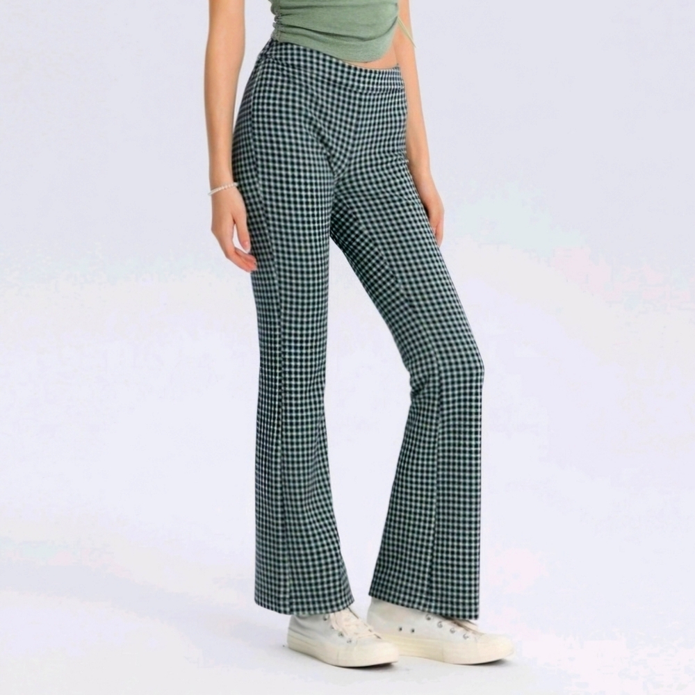 Wild Fable Women's High-Rise Knit Flare Pants Mint Green Gingham Plaid